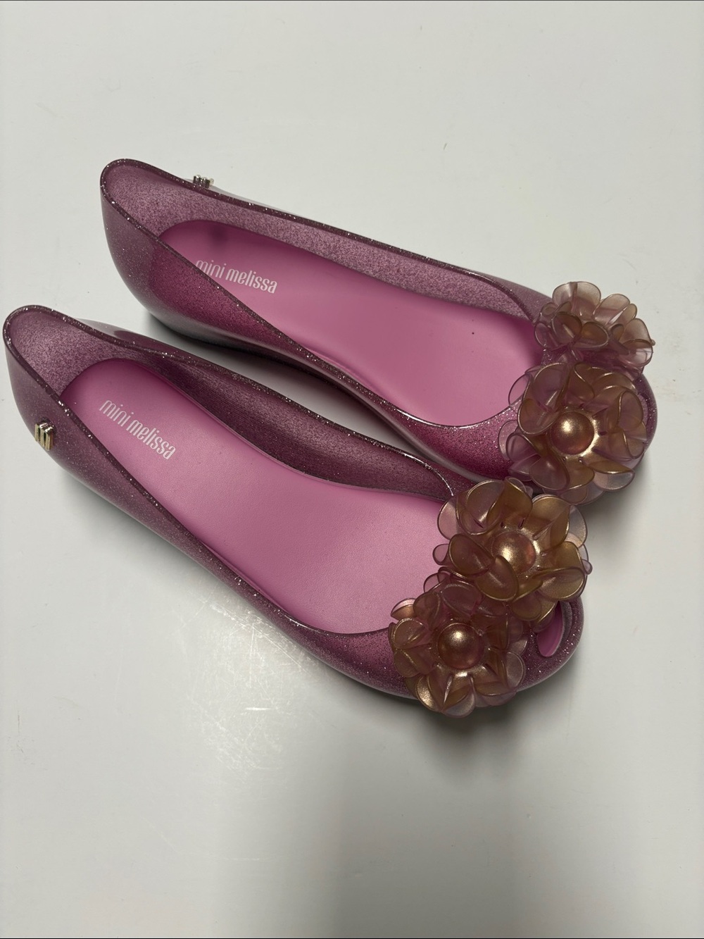 Mini Melissa Pink Glitter Floral Jelly Flats with Champagne Flowers girls size - Picture 4 of 10